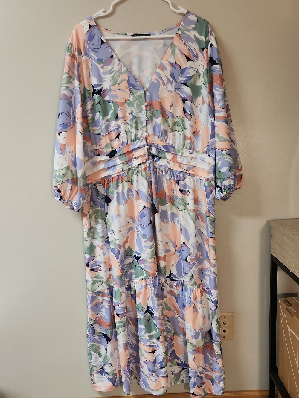 Simple Peach, Lavender & Sage Floral V-Neck Midi Dress